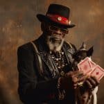 Papa Legba holding playing cards and his dog