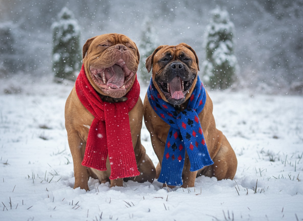 Photo of two dogs laughing outside in the snow, wearing knitted scarves with playing card pips