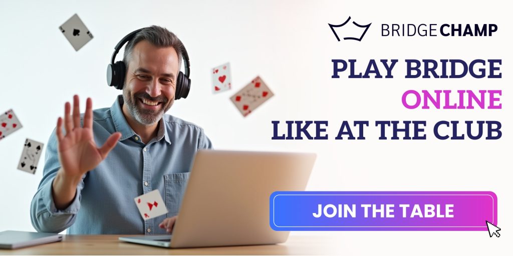Happy man playing online bridge using the BridgeChamp app