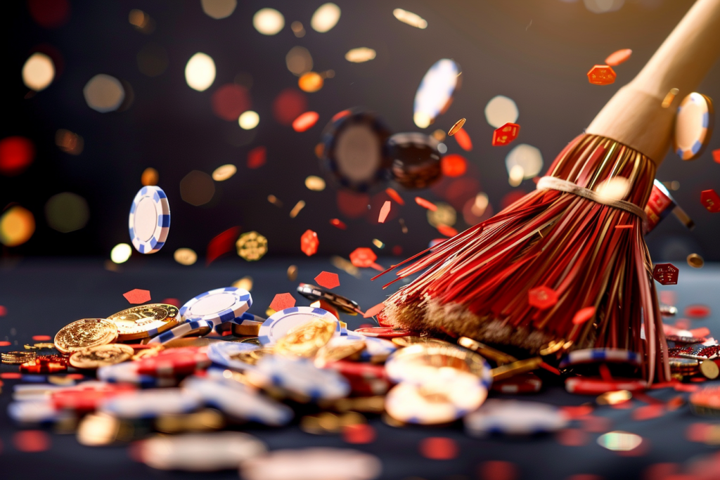 Conceptual photo of a small broom sweeping casino coins and chips illustrating an article on Why Sweepstakes Casinos Are Gaining Popularity Among US Players