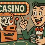 Cartoon of happy man playing a slot machine for article titled Benefits of Playing Online Slot Demos: What to Know Before You Bet