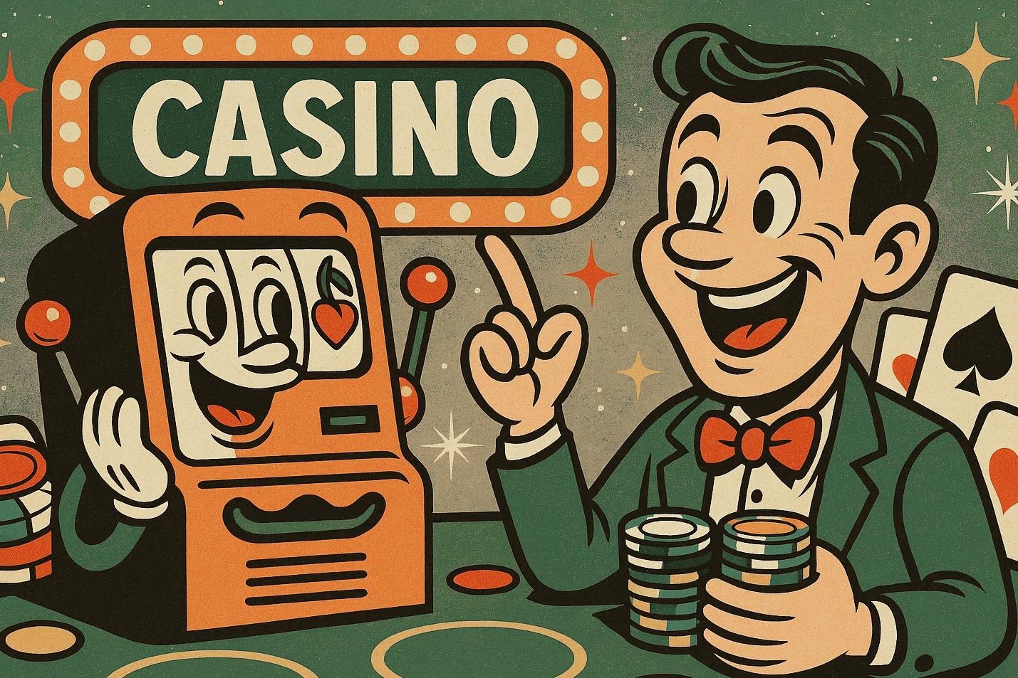 Cartoon of happy man playing a slot machine for article titled Benefits of Playing Online Slot Demos: What to Know Before You Bet