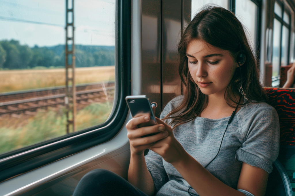 Photo of woman playing mobile games on her phone while riding on transit through the countryside for an article titled Innovations in Mobile Gaming and the Rise of Casino Apps