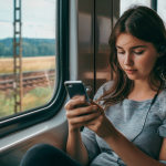 Photo of woman playing mobile games on her phone while riding on transit through the countryside for an article titled Innovations in Mobile Gaming and the Rise of Casino Apps