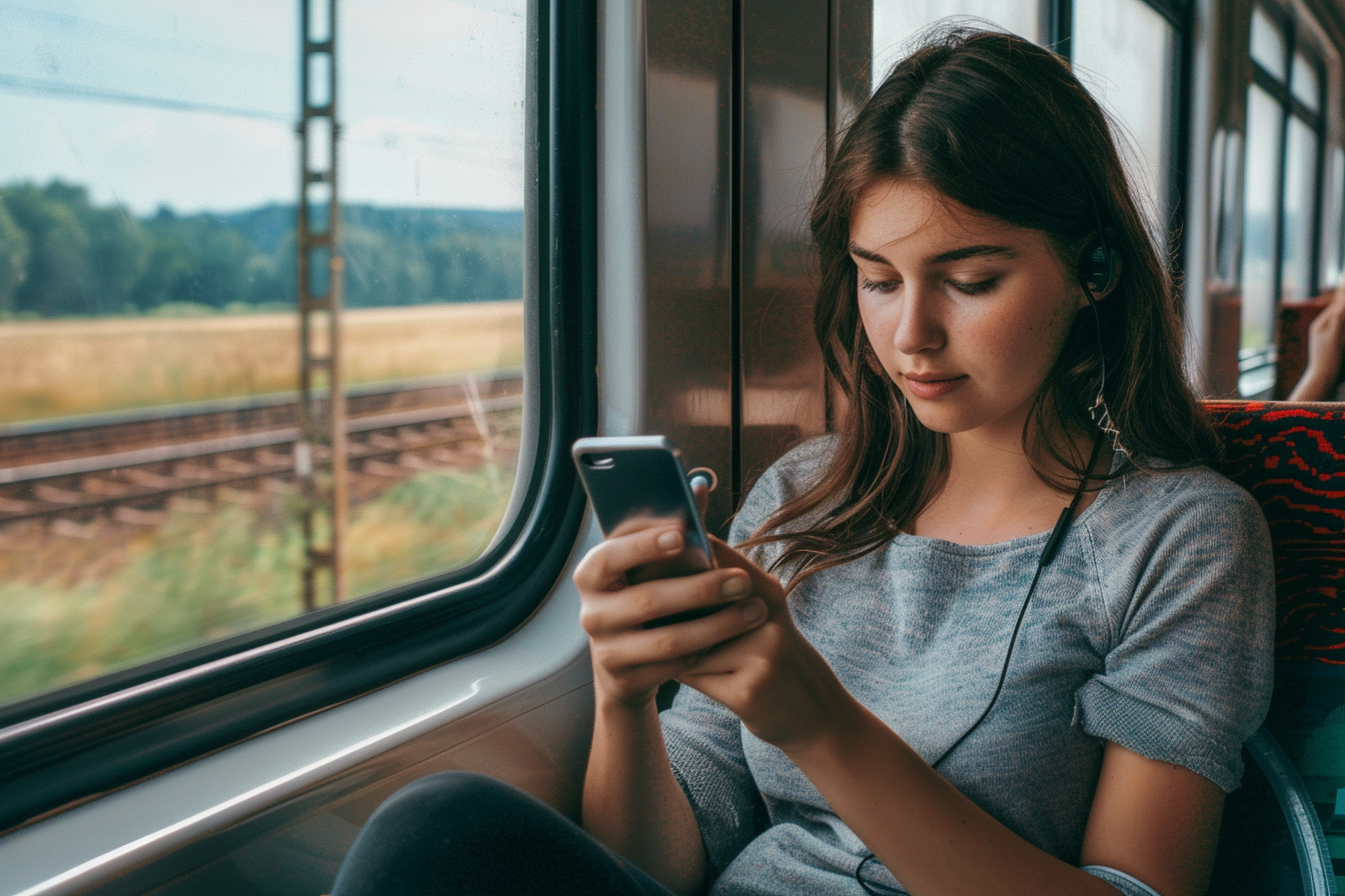 Photo of woman playing mobile games on her phone while riding on transit through the countryside for an article titled Innovations in Mobile Gaming and the Rise of Casino Apps