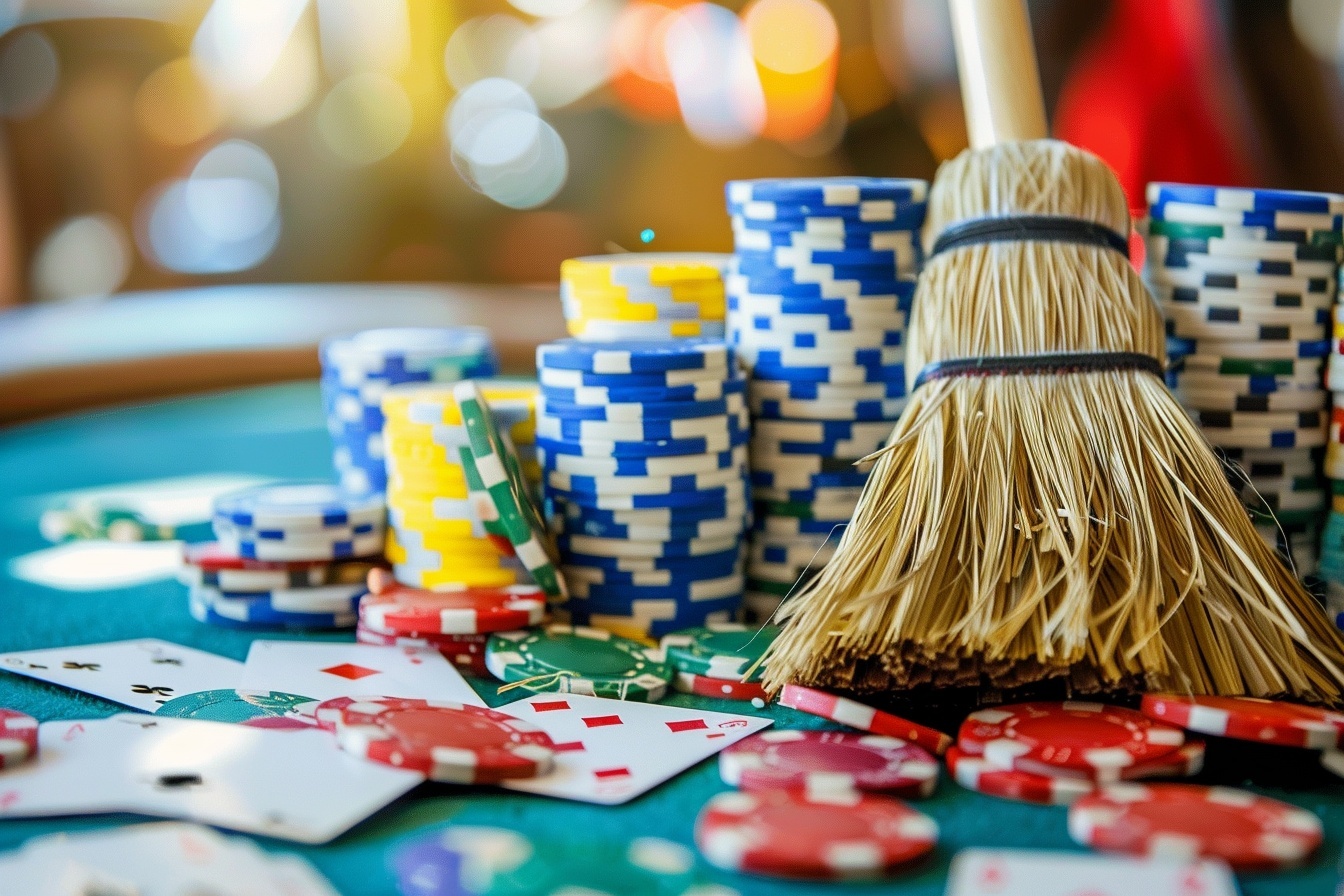 Household broom sweeping up poker chips and playing cards - Exploring the World of Sweepstakes in Online Card Games