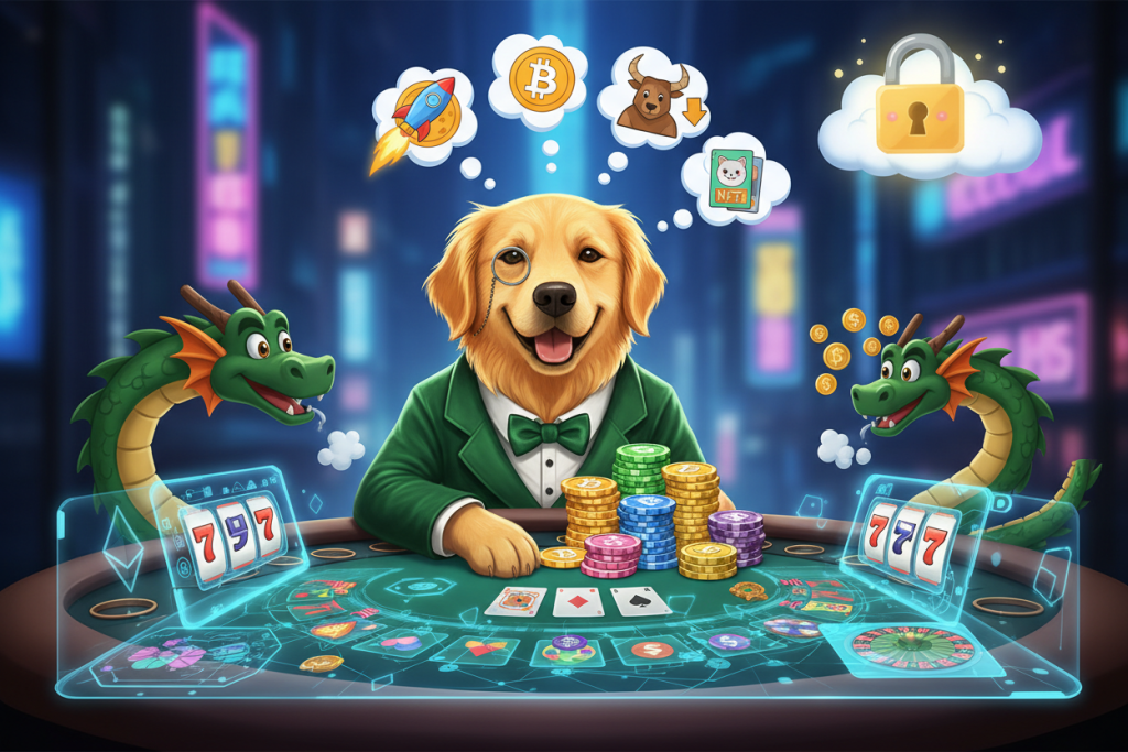 A fun cartoon of a dog surrounded by crypto icons - created by NanoBananaImage