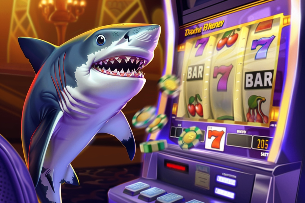 Funny image of a shark playing a slot machine for an article titled WinShark Casino 2025 review