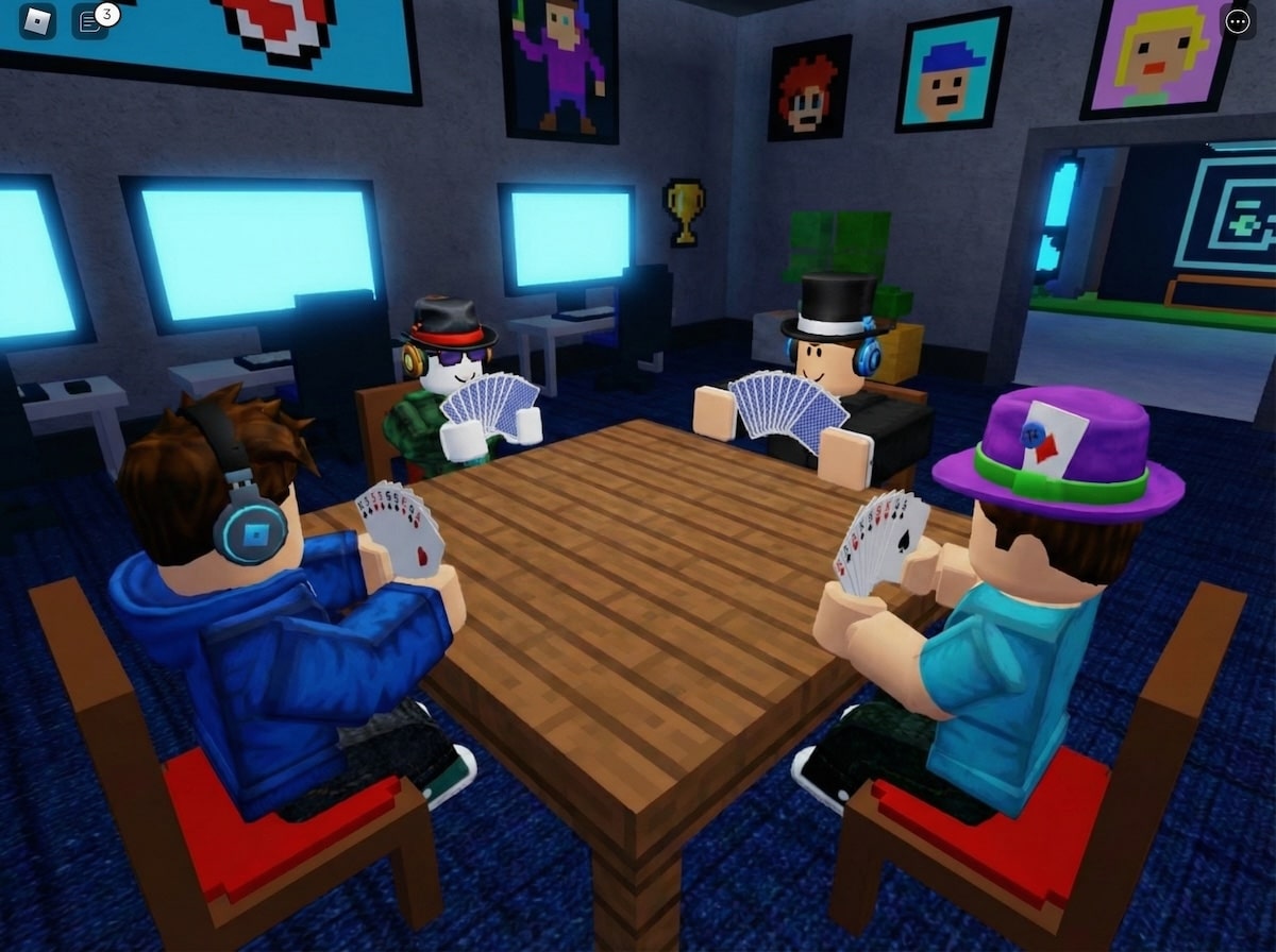Four mutuals playing bridge on Roblox