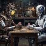 Old retro robot vs shiny new robot playing cards