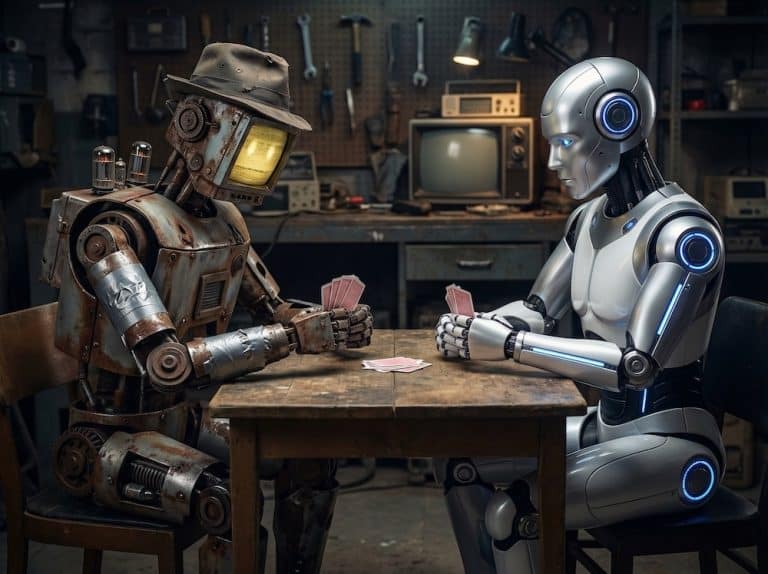 Old retro robot vs shiny new robot playing cards