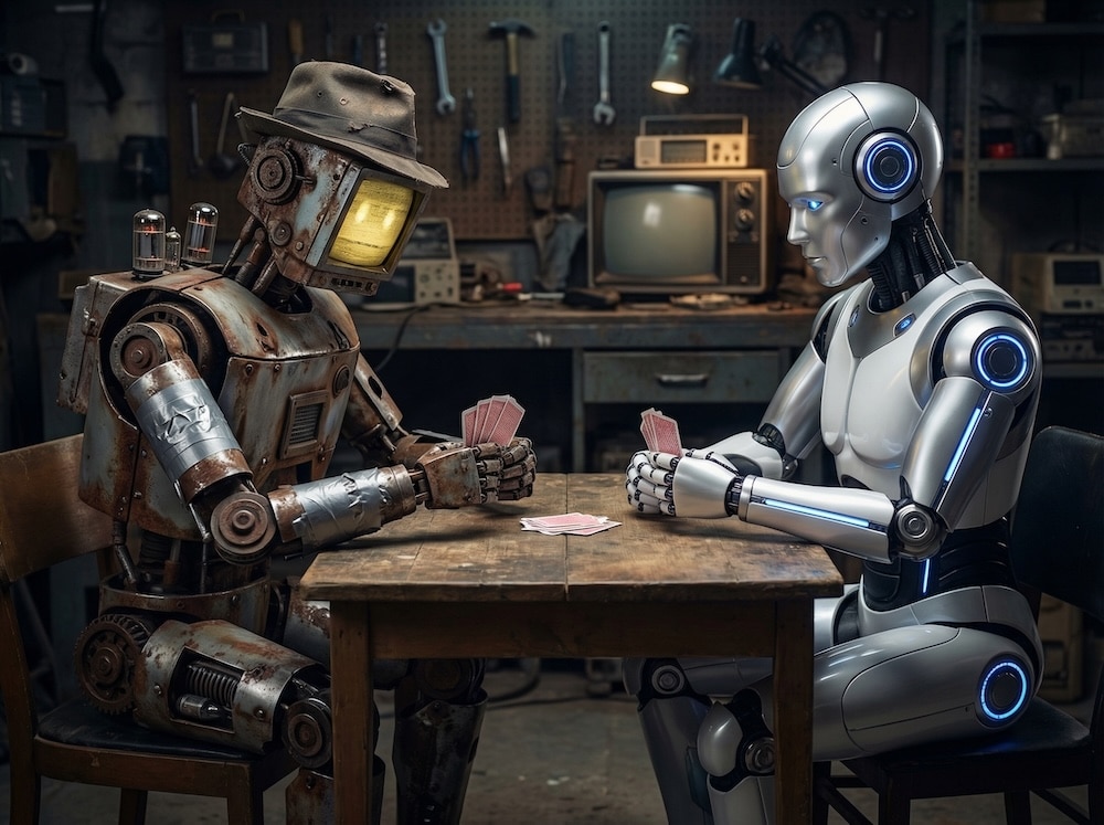 Old retro robot vs shiny new robot playing cards