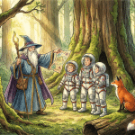 Illustration of a wizard, astronauts and a fox