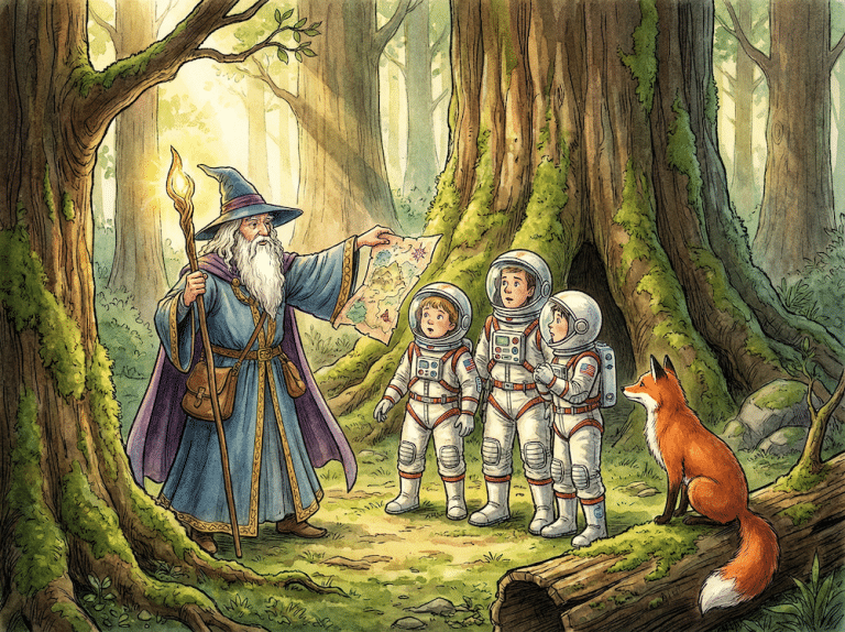 Illustration of a wizard, astronauts and a fox