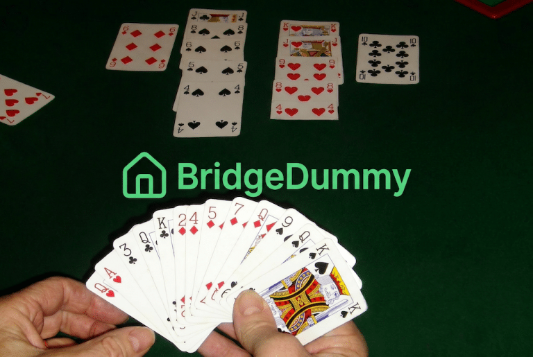 Photo of a bridge hand and dummy and the BridgeDummy logo