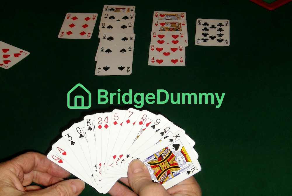 Photo of a bridge hand and dummy and the BridgeDummy logo